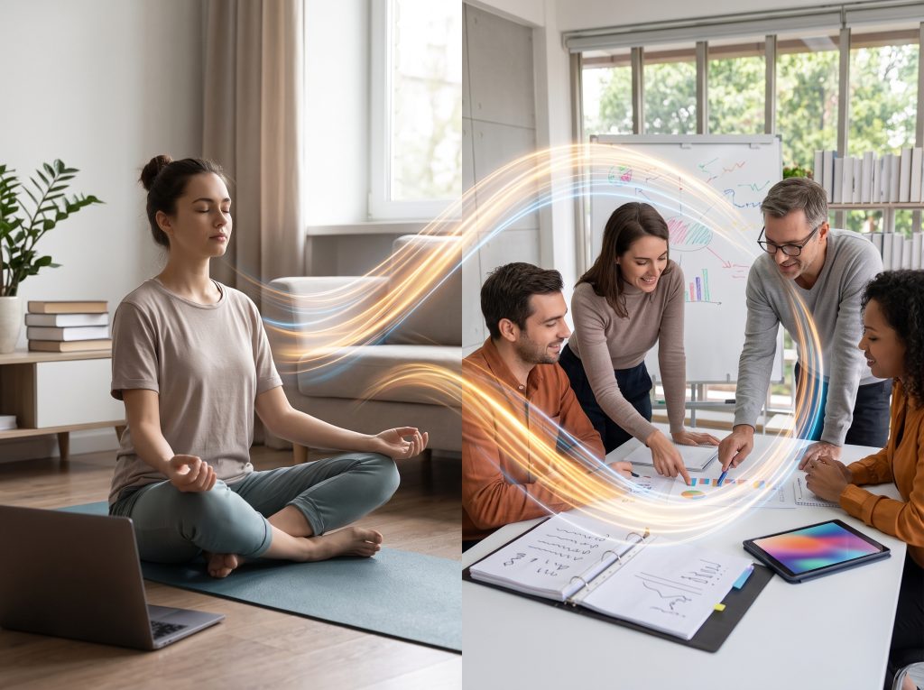 שתי סצנות הממחישות את הגמישות של לימודי NLP: למידה מקוונת מול למידה פרונטלית בכיתה.