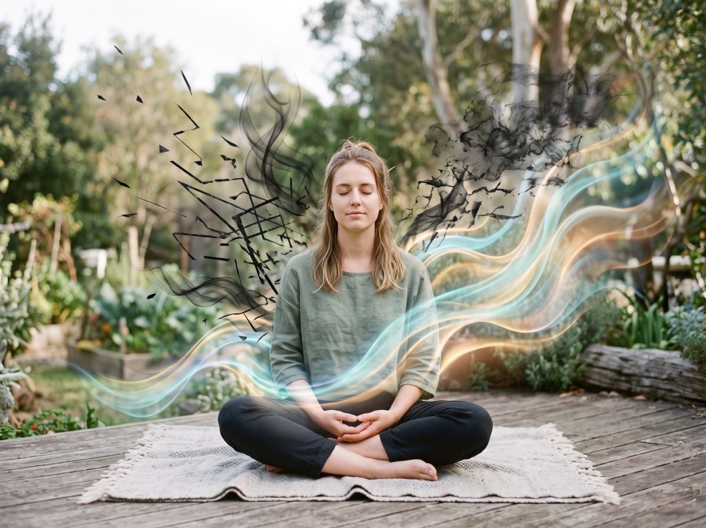 אדם משחרר מתח וחרדה באמצעות טכניקות NLP, מוקף באנרגיה חיובית ורוגע.