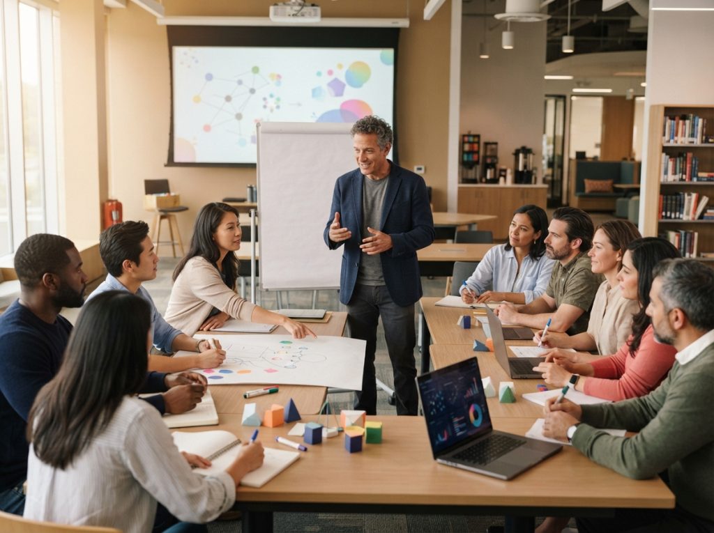 קבוצת תלמידים לומדת NLP ודמיון מודרך בהנחיית מורה מנוסה