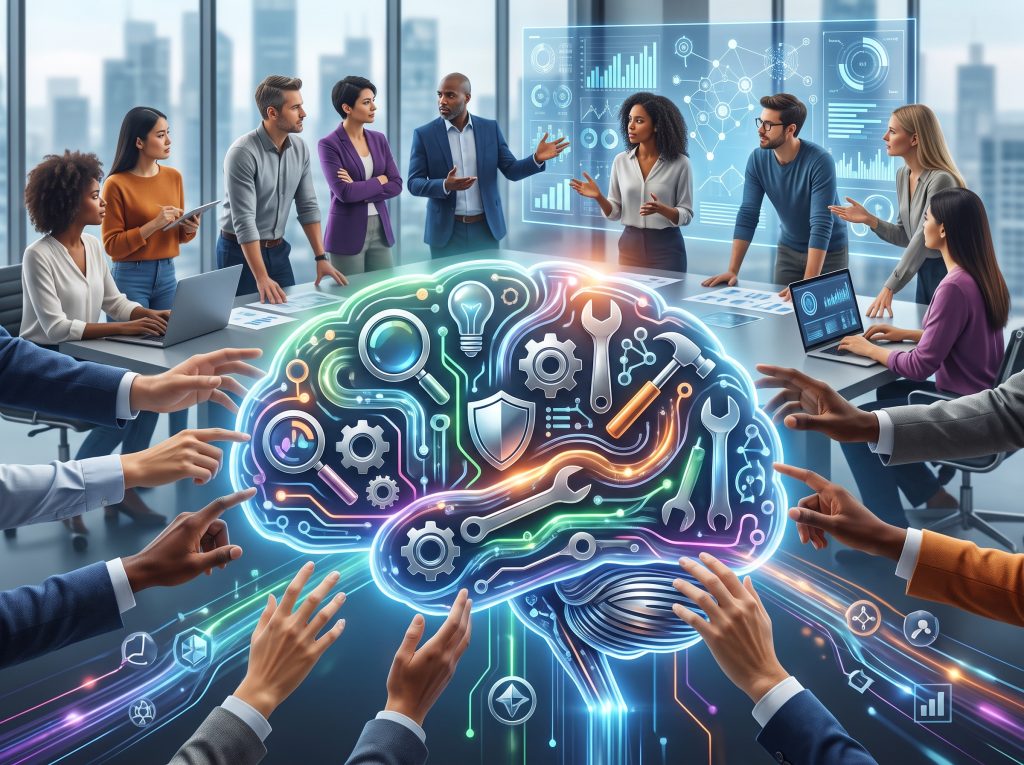 ייצוג ויזואלי מופשט של ארגז הכלים של ה-NLP, המדגיש כלים פרקטיים לשיפור ביצועים ותקשורת בארגון.