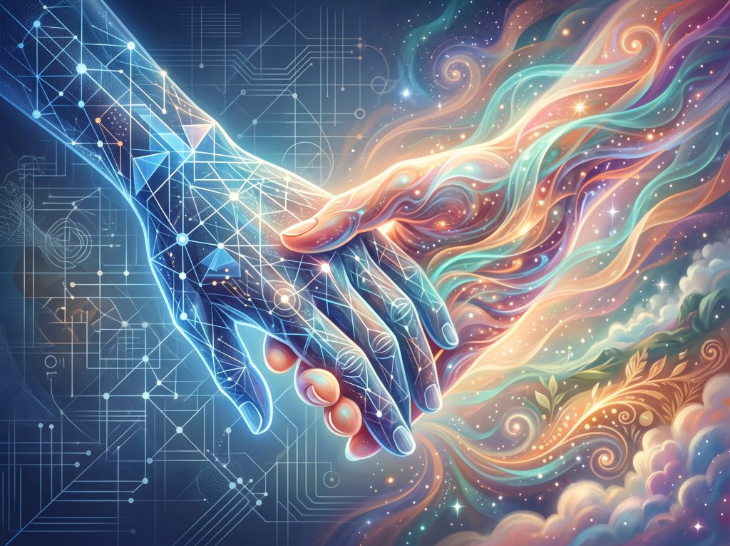 שתי ידיים משתלבות, אחת מייצגת NLP והשנייה דמיון מודרך, מסמלות סינרגיה ושינוי עמוק.